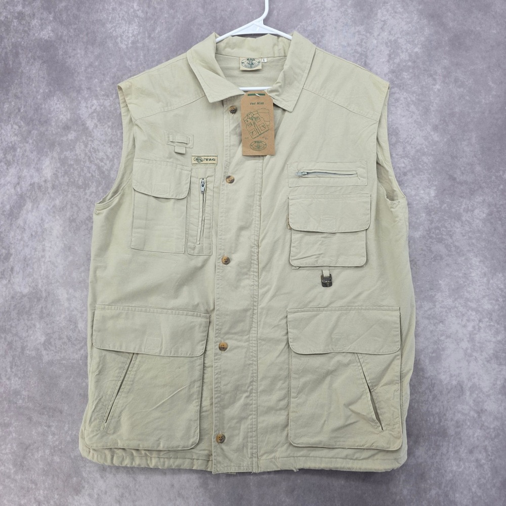 TAG Safari Mens L Tan Fishing Hunting Utility Vest Multi Pocket Travel Outdoor
